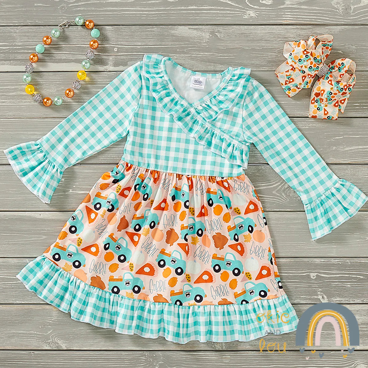 Pre-Order Pumpkins in Mint Ruffle Dress by Okie & Lou