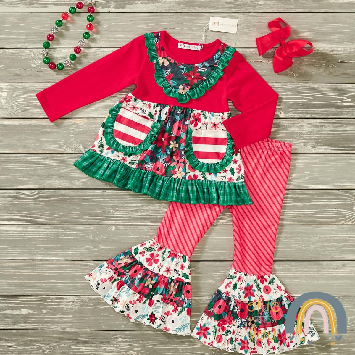 Pre-Order Happy Poinsettia 2-Piece Ruffle Set By Okie & Lou