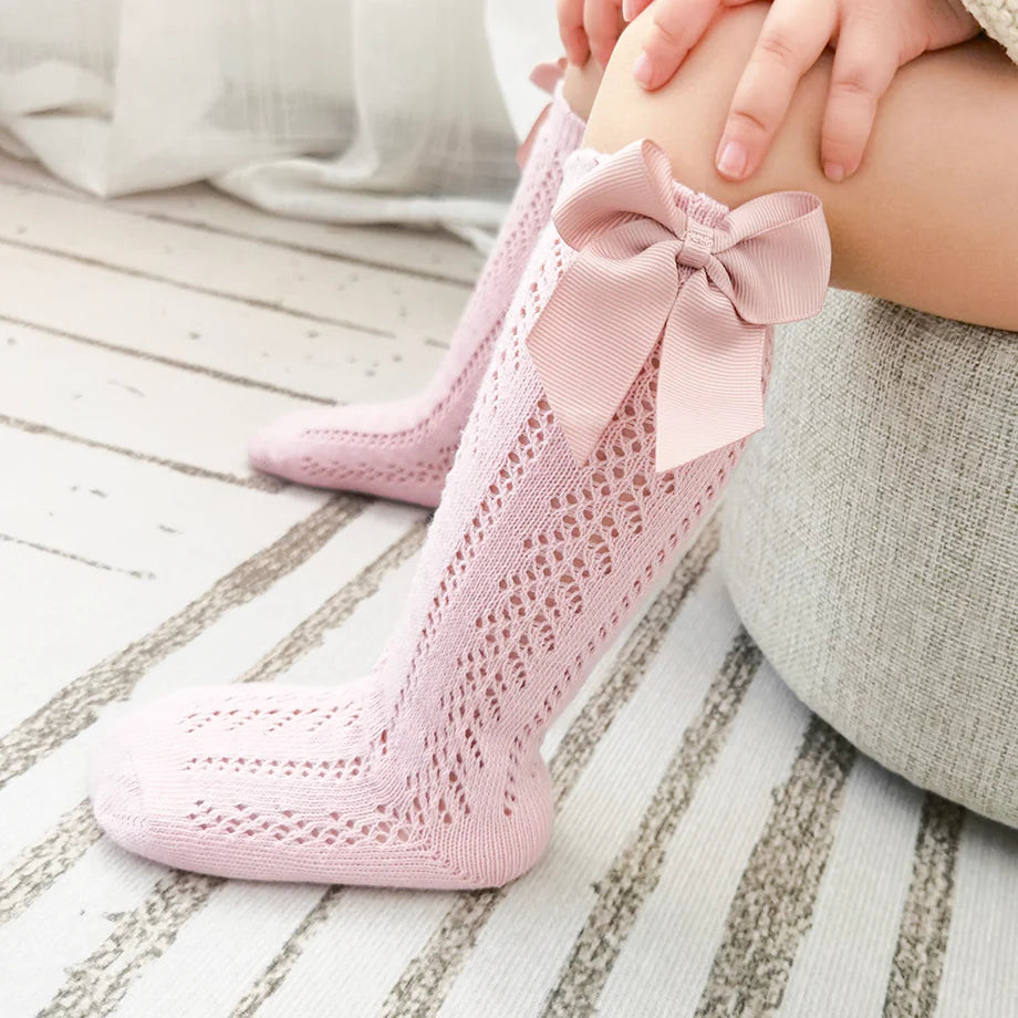 Lace Cable Bow Knee High Socks by HoneyDew