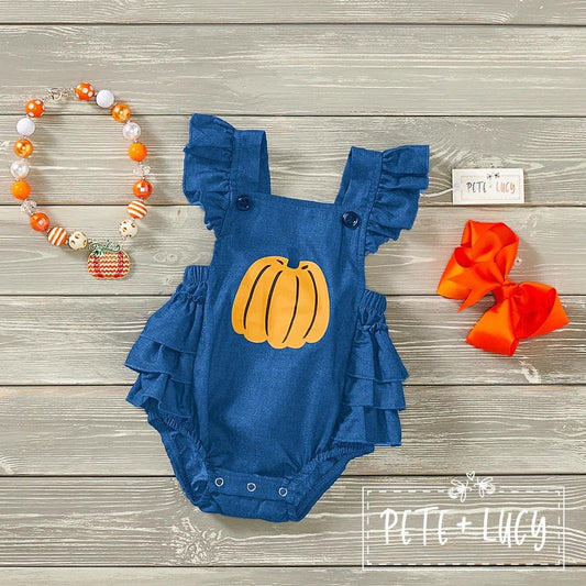 Denim Pumpkin Romper by Pete + Lucy