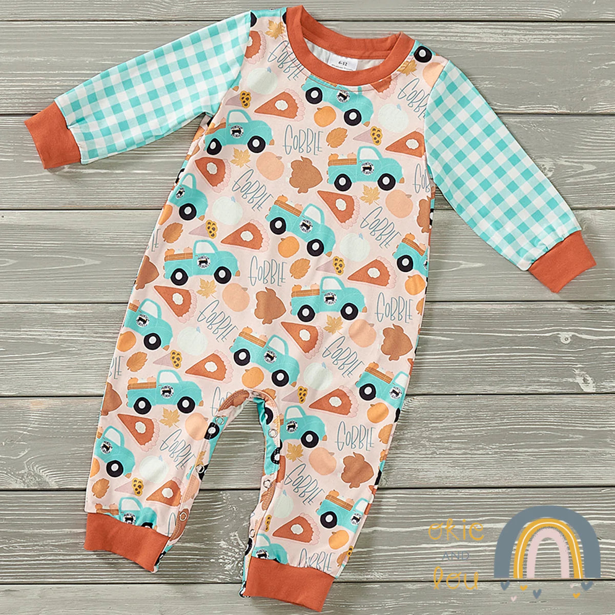 Pre-Order Pumpkins in Mint Boys Romper by Okie & Lou