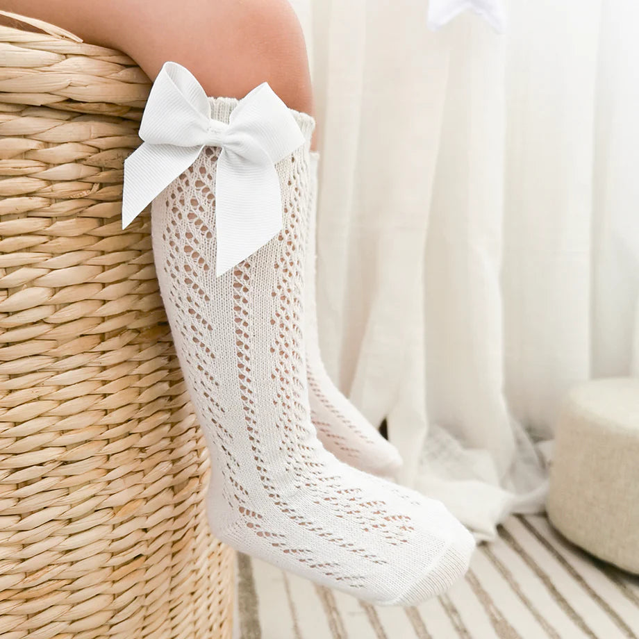 Lace Cable Bow Knee High Socks by HoneyDew