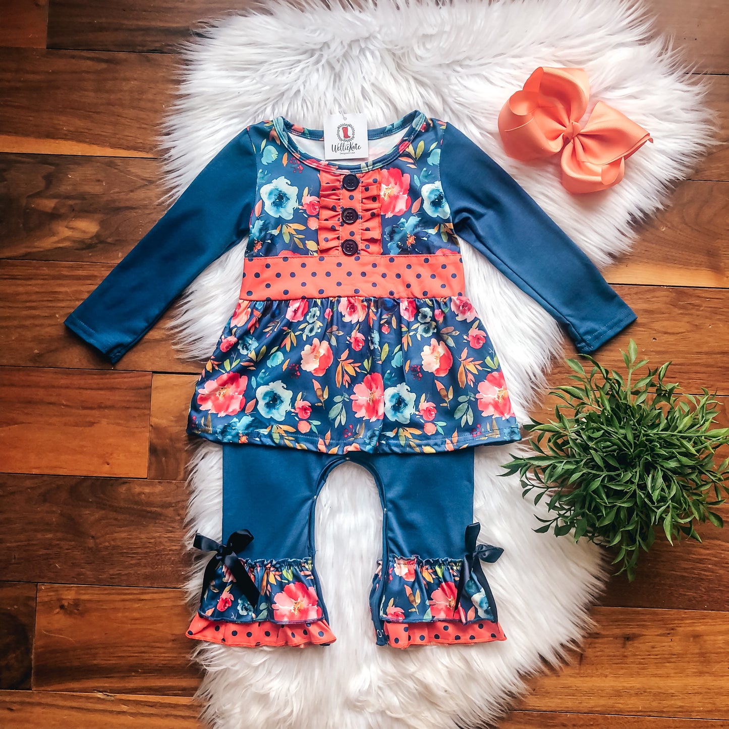 Blue & Orange Floral Romper by Wellie Kate