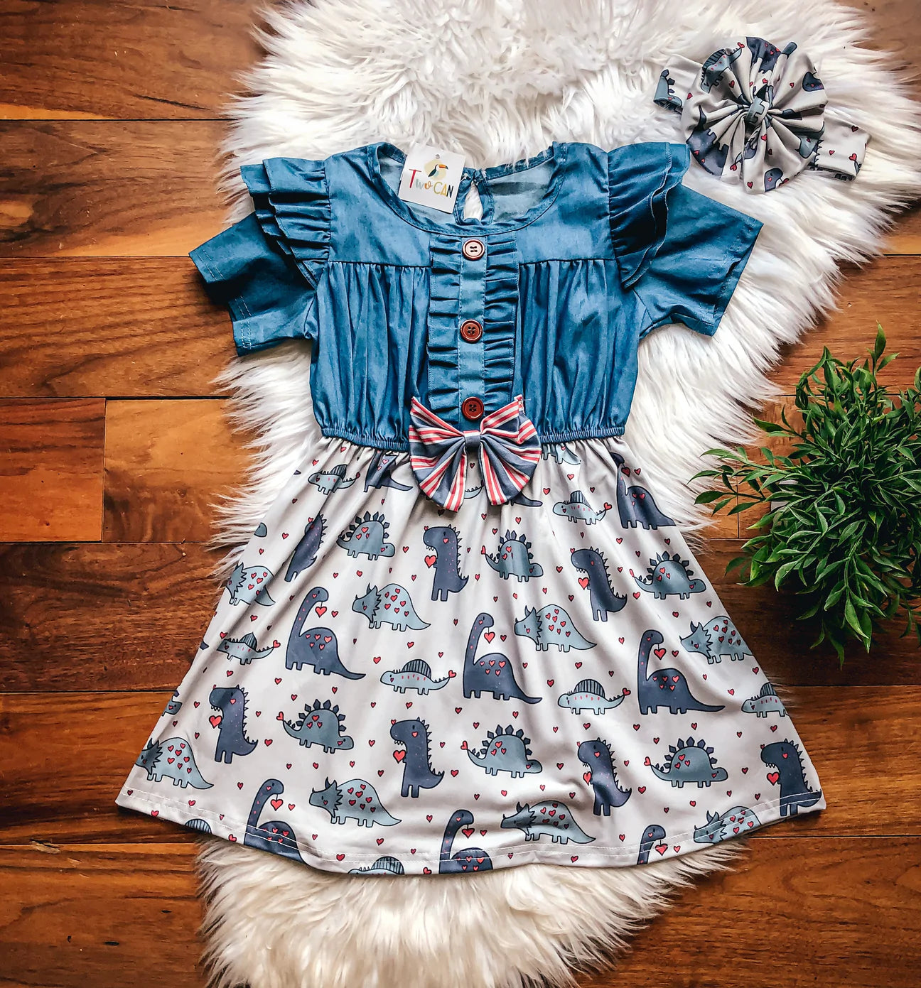 Pre-Order Dino Love Short Sleeve Denim Dress by TwoCan