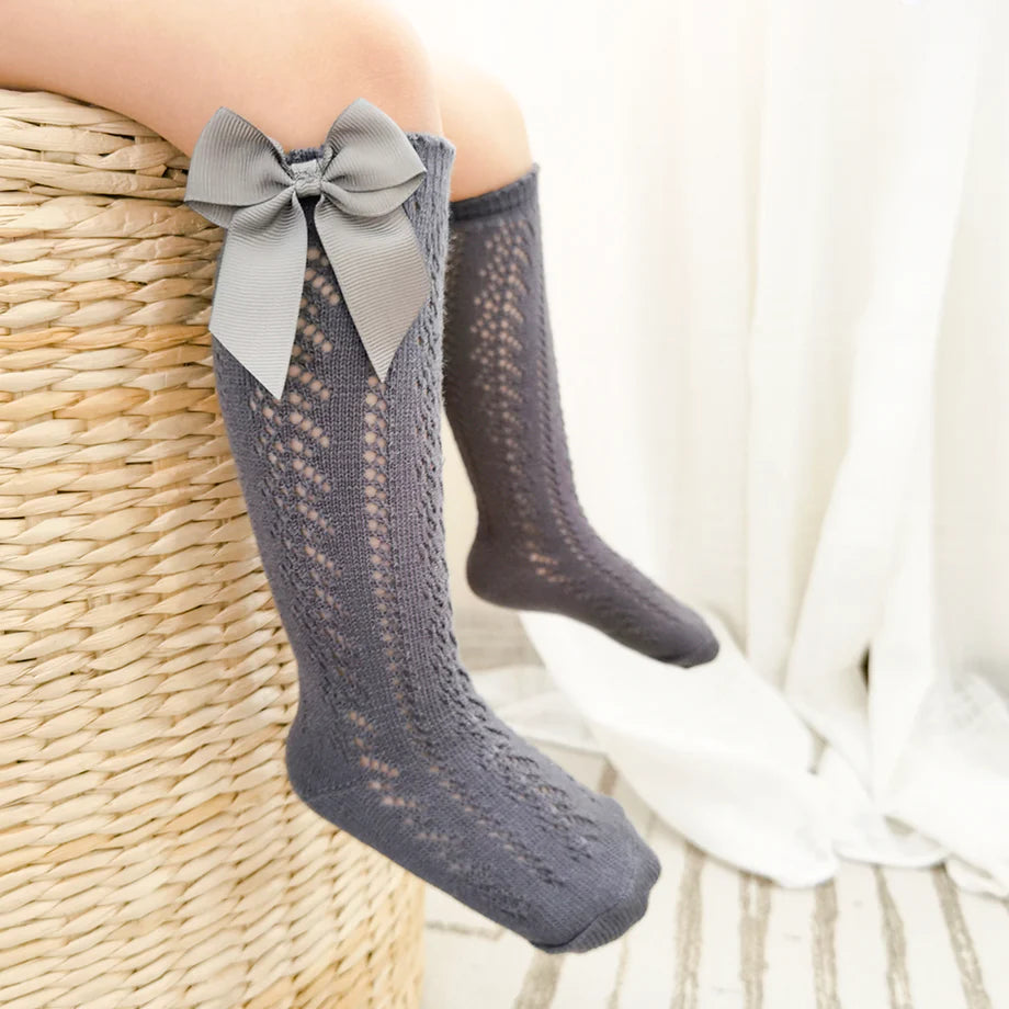 Lace Cable Bow Knee High Socks by HoneyDew
