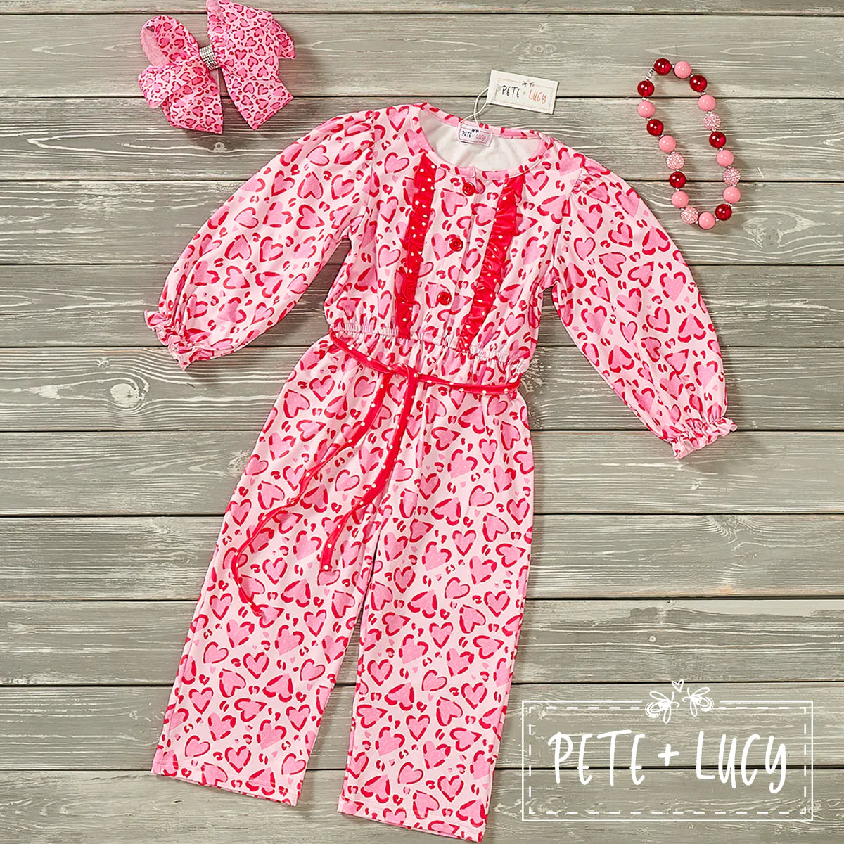 Pre-Order Lovely Leopard Valentines Girl Jumpsuit-Long Sleeve by Pete + Lucy